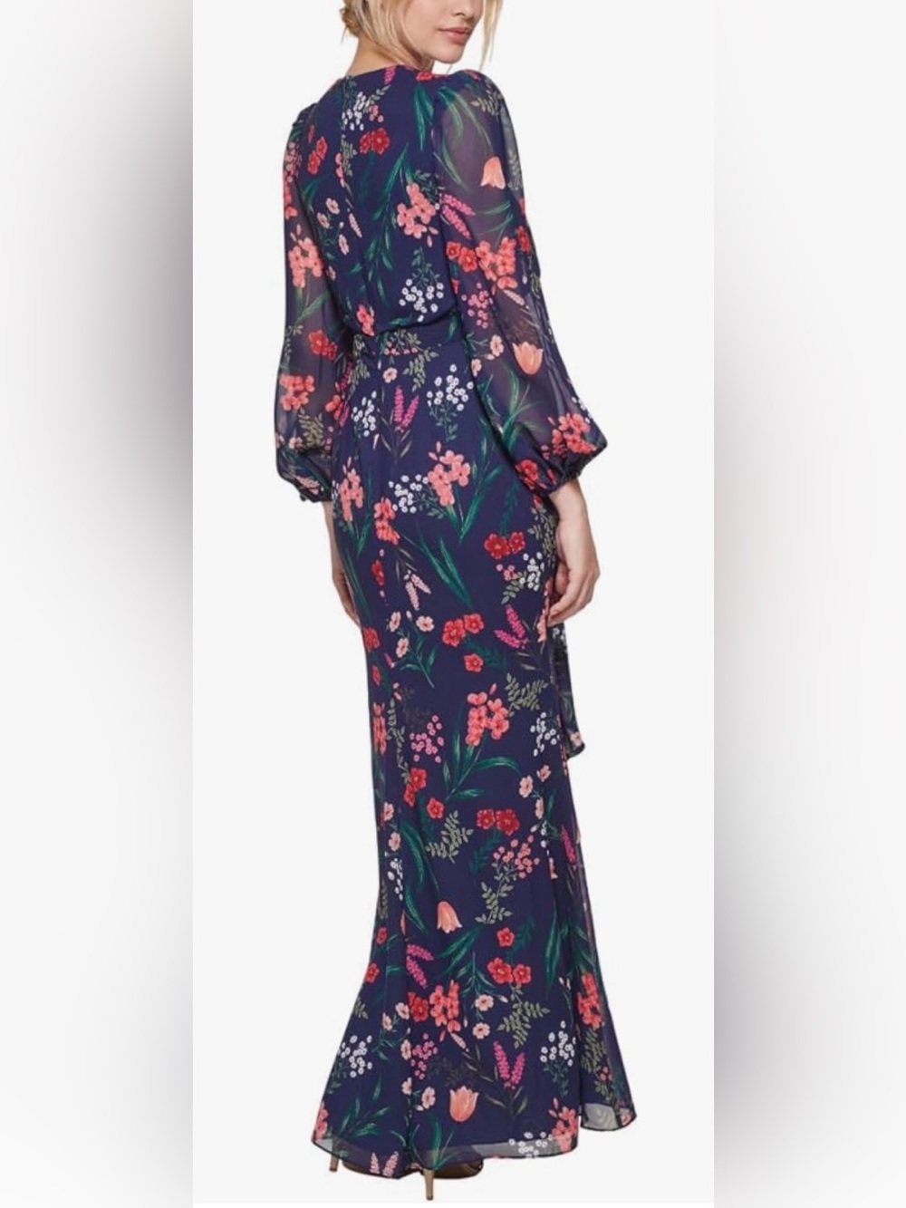 Eliza J Chiffon Floral Long Dress. Balloon long sleeve, slit, cascading ruffle 6 - Picture 3 of 16